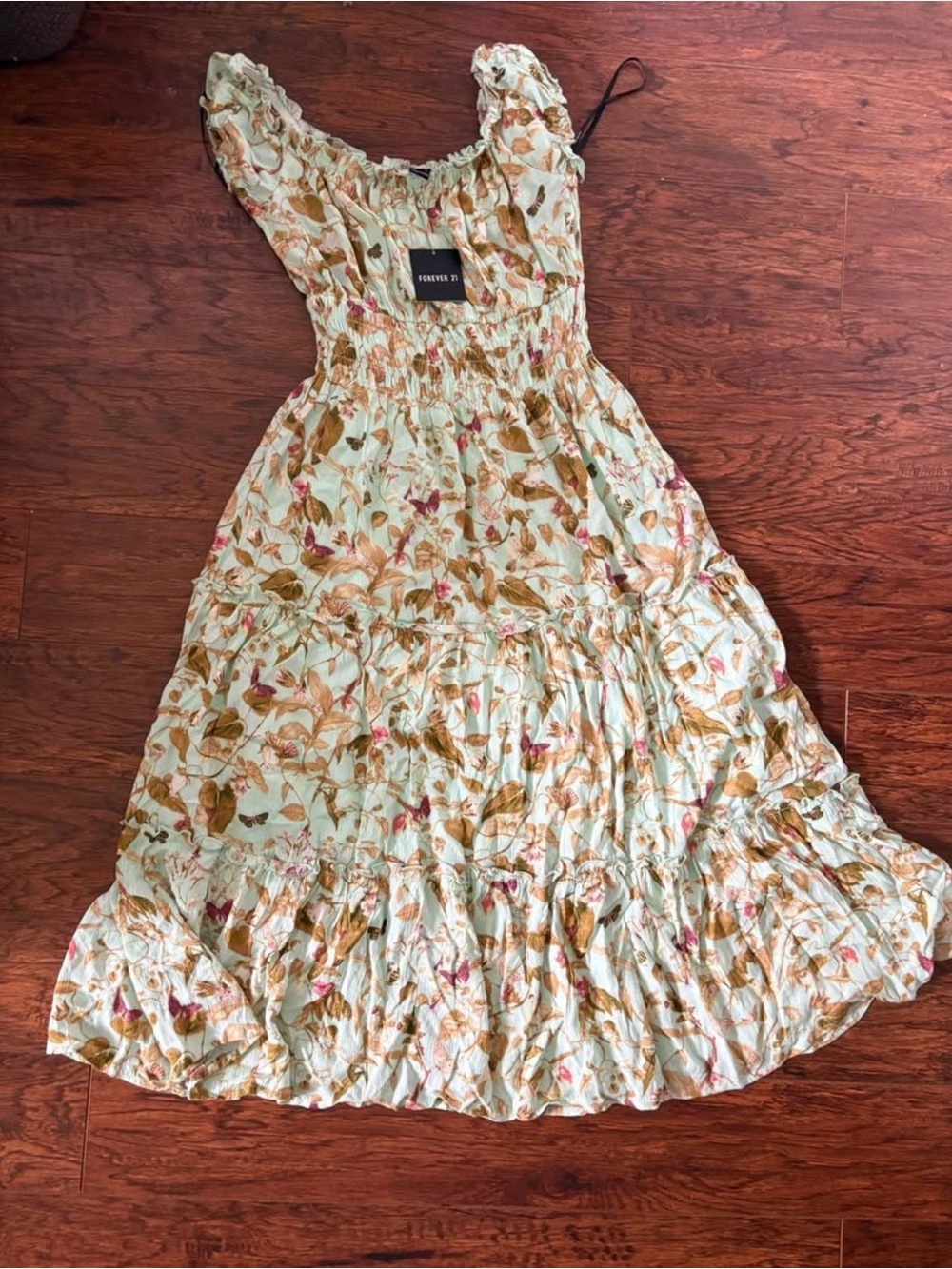 Forever 21 Mint Green Floral Smocked Tiered Maxi Dress